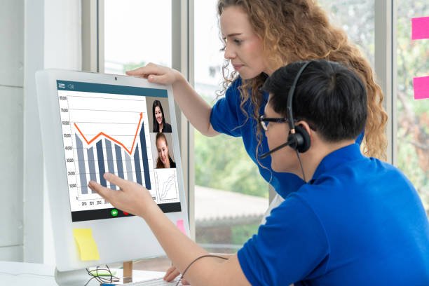 Video call group business people meeting on virtual workplace or remote office. Telework conference call using smart video technology to communicate colleague in professional corporate business.
